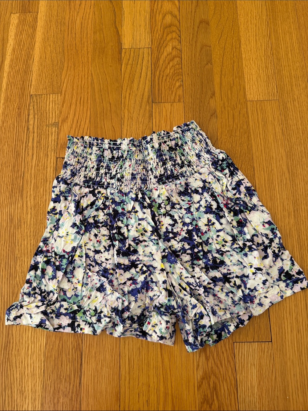 CAbi Blue Multi Floral Smocked Waist High-Rise Shorts